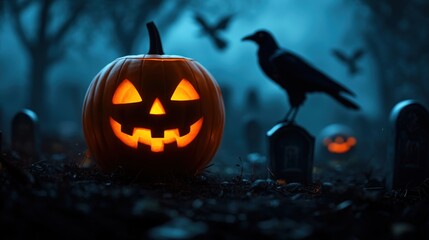 Obraz premium Spooky Cartoon Pumpkin Skeleton Walking in Misty Graveyard with Crows - Copy Space Halloween Scene with Selective Focus