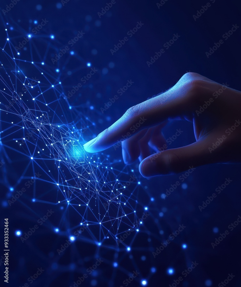Aufkleber a hand touching a digital screen with a glowing network of connections representing futuristic techn