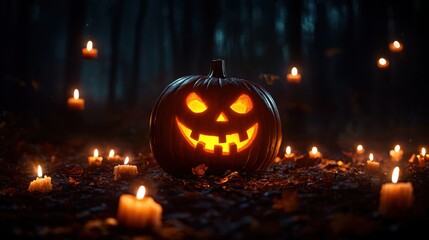 Fototapeta premium Sinister Glowing Pumpkin Surrounded by Candles in Enchanted Forest with Copy Space, Ultra HD