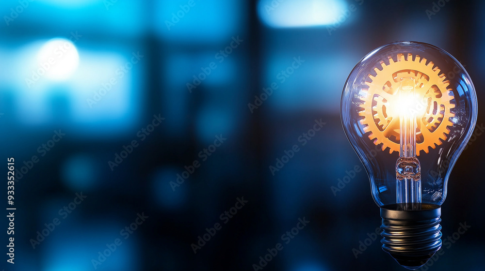 Poster a bright lightbulb connected to gears and cogs, set against a plain background, representing the eng