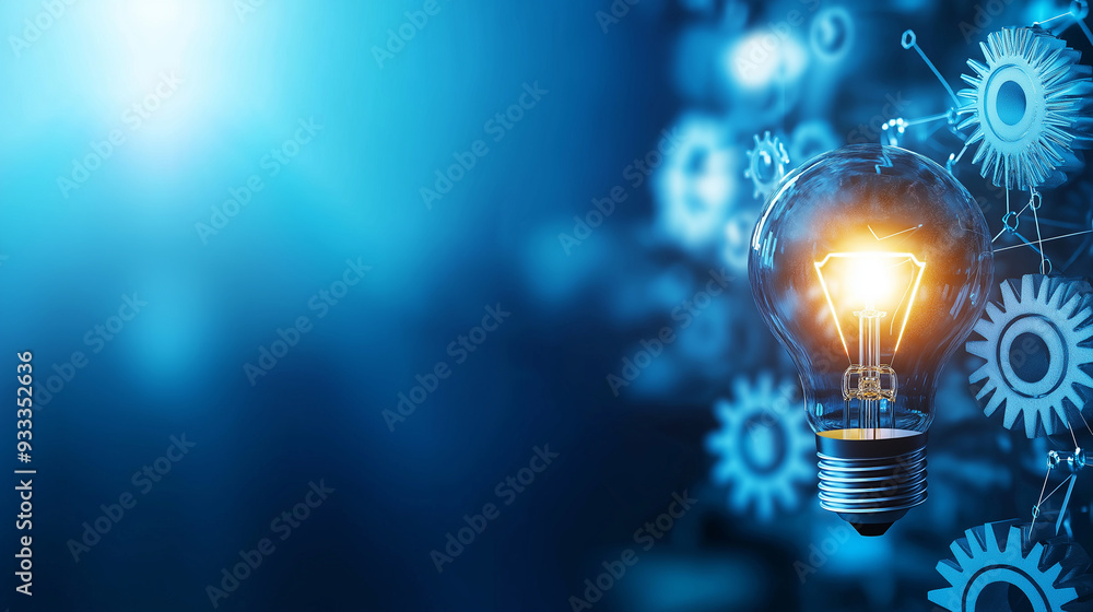 Poster a bright lightbulb connected to gears and cogs, set against a plain background, representing the eng