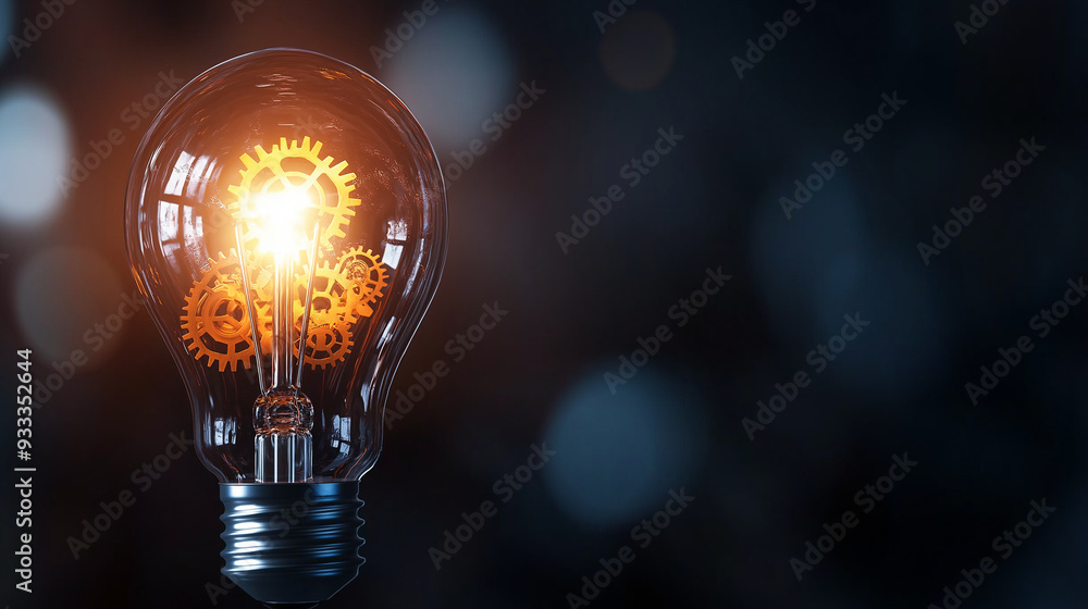 Poster a detailed close-up of a lightbulb with intricate gears turning inside, illustrating the concept of 