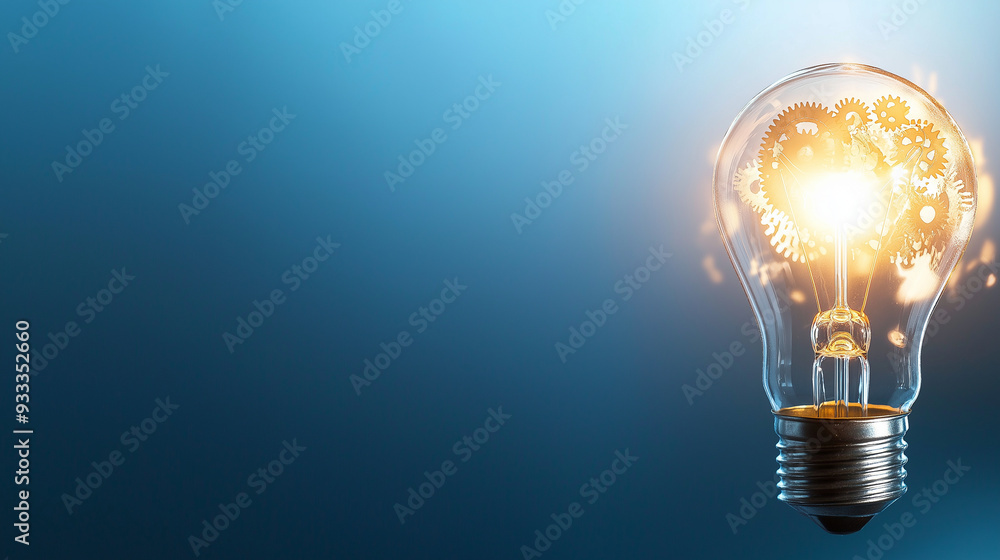 Poster a bright lightbulb connected to gears and cogs, set against a plain background, representing the eng