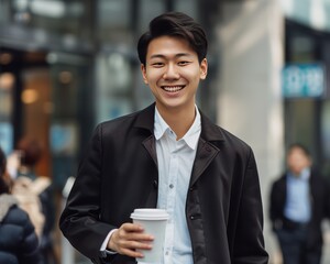 Portrait of a young Asian businessman, smiling with coffee cup, walking outside office, people around.
