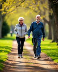 Obraz premium Active, retired couple walking along a pathway through a park in spring.