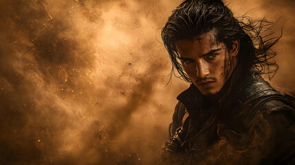 A young man with long dark hair stands in a cloud of dust, his eyes intense.