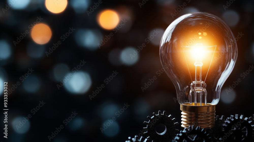 Poster a creative composition of a lightbulb and interlocked gears, symbolizing the machinery of innovation