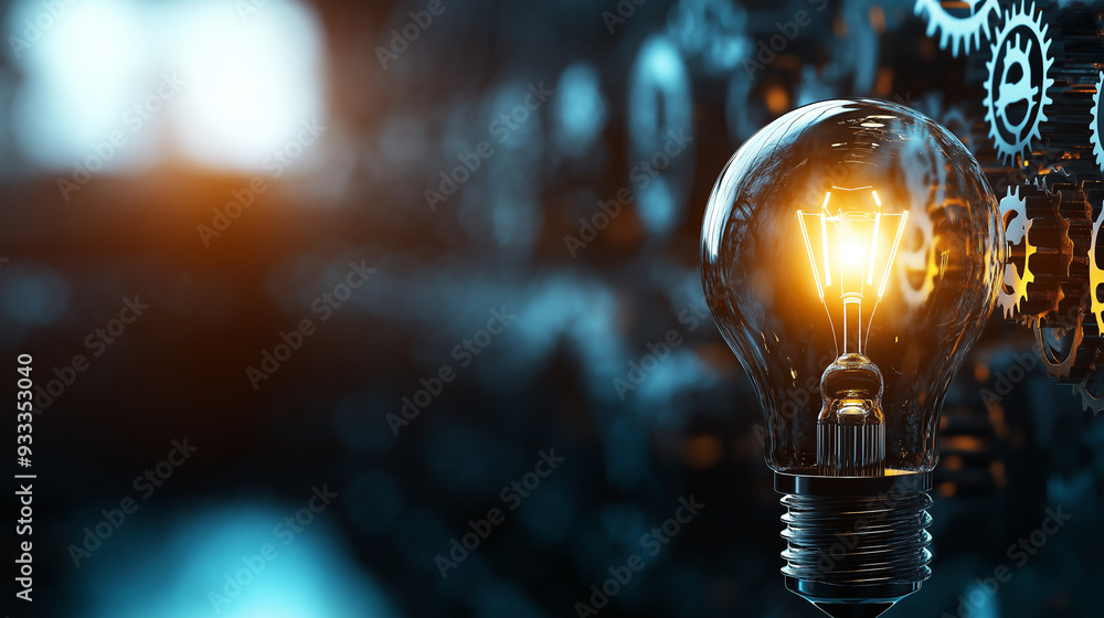 Poster a creative composition of a lightbulb and interlocked gears, symbolizing the machinery of innovation