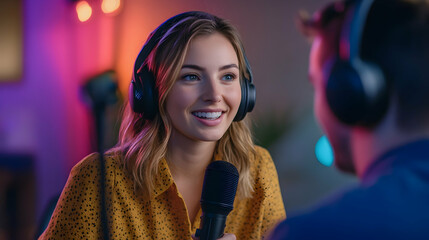 Young woman host talking to microphone and interviewing a man for a radio podcast.