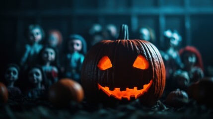 Sinister Pumpkin Surrounded by Creepy Dolls in Abandoned Attic - Spooky Halloween Scene with Copy Space, Selective Focus, Ultra HD
