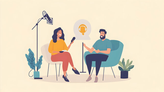Young woman host talking to microphone and interviewing a man for a radio podcast.