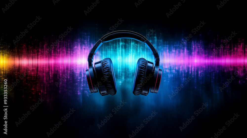 Poster high-definition headphones with pulsating sound waves in a spectrum of colors, symbolizing the fusio