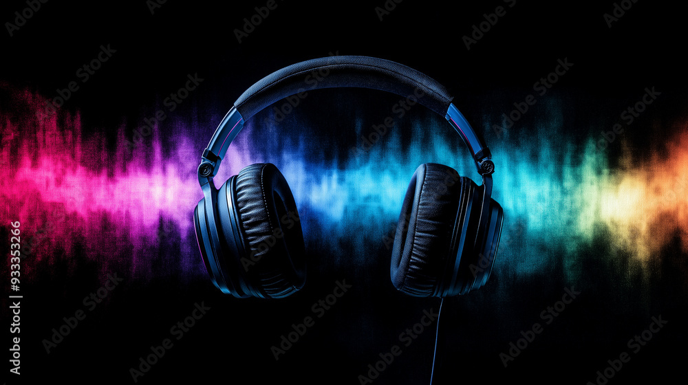 Poster high-definition headphones with pulsating sound waves in a spectrum of colors, symbolizing the fusio