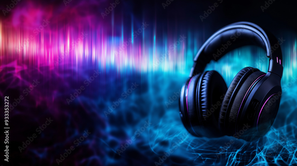 Poster high-definition headphones with pulsating sound waves in a spectrum of colors, symbolizing the fusio
