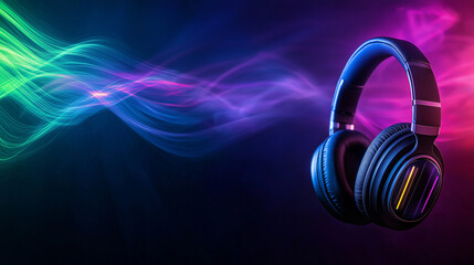 Naklejka premium Headphones with flowing, colorful sound waves encircling them, representing rich audio quality and innovative music technology
