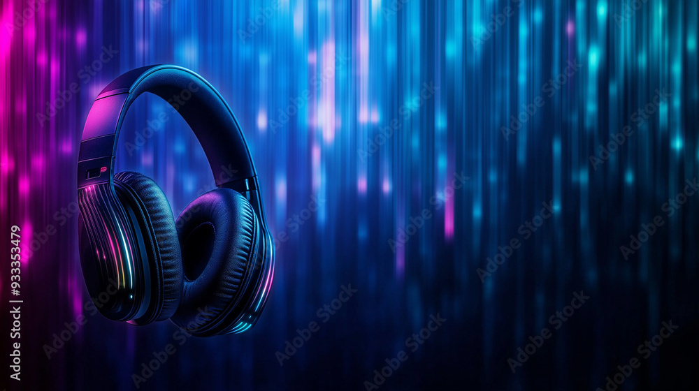 Poster headphones against a dark background with luminous sound waves in multiple colors, symbolizing the i