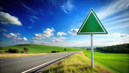 Freeway scene with a triangular green road sign, rich meadow, and high blue sky, freeway, road sign, meadow, sky, nature