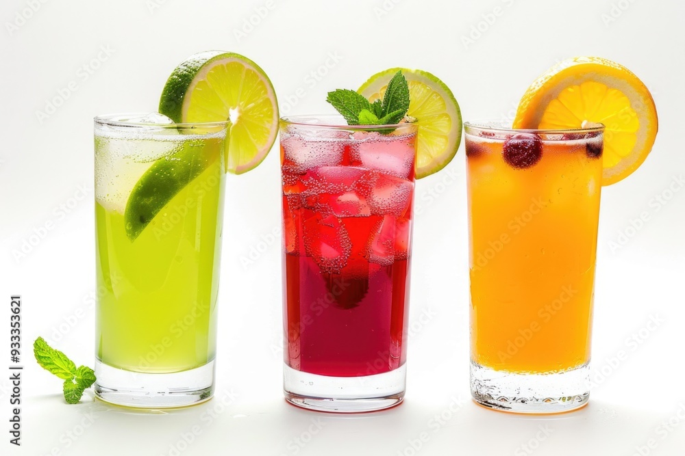 Poster a row of three glasses filled with different colored drinks