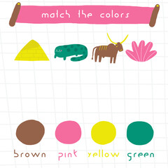 Learn colors ancient Egypt game for kids. Cute hand drawn doodle funny desert puzzle with pyramid, bull, plant, salamander. Educational worksheet, mind task, riddle, strategy quiz