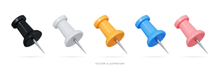 3D Push pin emoji icon set. Different colors thumbtack with metal needle. Office and school supplies. Stationery elements. Cartoon design objects isolated on white background. 3D Vector Illustration