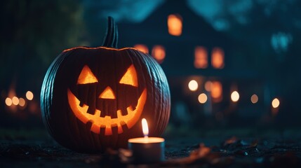 Spooky Halloween Jack-o'-lantern with Candle in front of Haunted House, Copy Space for Text, Ultra HD Quality
