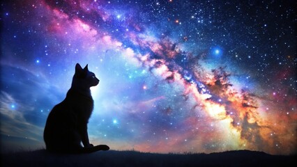 A cat's silhouette against a stunning starry galaxy background, cat, profile, silhouette, starry, galaxy, space, night