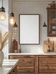 Cozy and Inviting Farmhouse Inspired Kitchen Interior with Shaker Cabinets Subway Tile Backsplash Vintage Inspired Lighting and Rustic Accents in a Mockup Frame