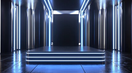 Futuristic Luxury Stage Podium, sleek silver panels shine alongside a glossy black base, illuminated by vibrant neon blue LEDs for an elegant, modern aesthetic.