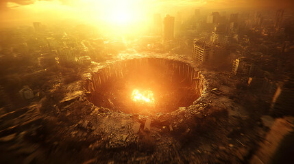 Obraz premium Aerial view of a city destroyed by a catastrophic event, with a large crater and glowing embers in the center.
