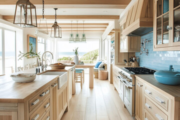 Beach house coastal kitchen with light wood and blue