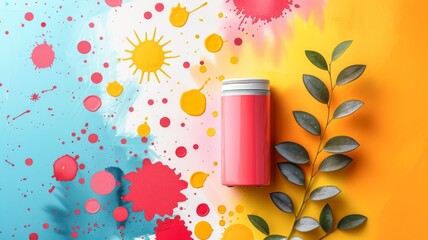 Colorful Thermos Against Playful Sun and Leaf Background
