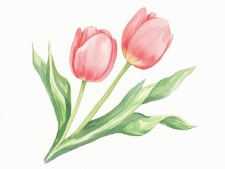 Obraz premium Watercolor Painting of Two Pink Tulips with Green Leaves Delicate watercolor artwork depicting two pink tulips with lush green leaves, highlighting the beauty of spring flowers