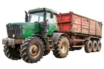 Obraz premium A green tractor accompanied by a red trailer, set against a clean white backdrop
