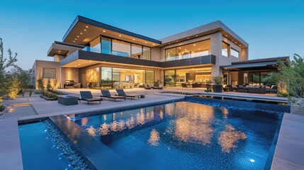 Modern home with a swimming pool at dusk.