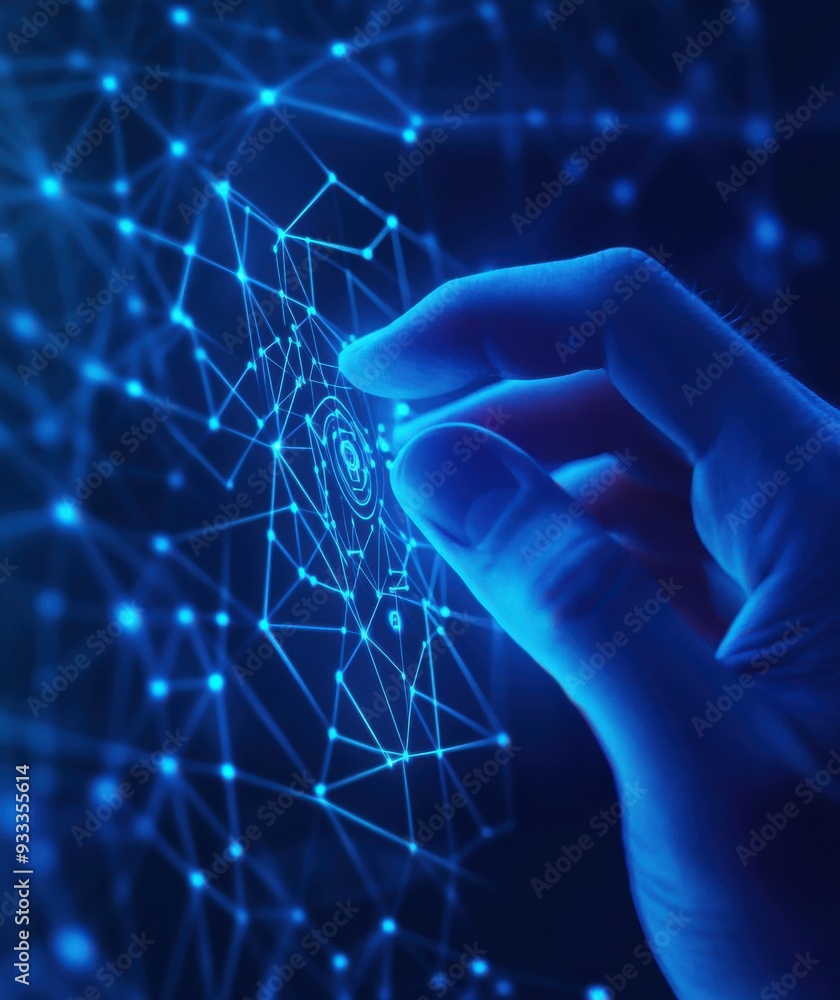 Poster futuristic hand interacting with digital screen depicting advanced technology and innovation concept
