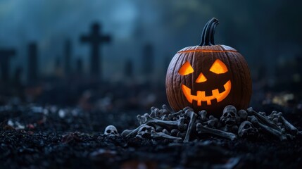 Spooky Halloween Jack-o'-lantern on Bones in Foggy Graveyard with Copy Space, Ultra HD