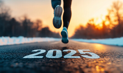 Runner's feet on road with 2025 text at sunset, new year goals and fitness resolutions concept