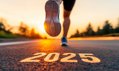 Runner's feet on road with 2025 text at sunset, new year goals and fitness resolutions concept