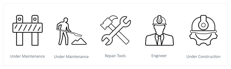 A set of 5 under maintenance icons such as under maintenance, work in progress