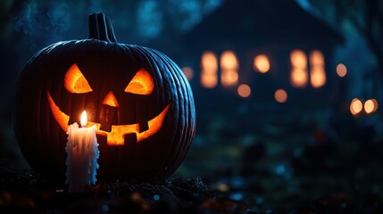 Sinister Pumpkin with Candle in Front of Haunted House - Halloween concept with space for text in Ultra HD quality