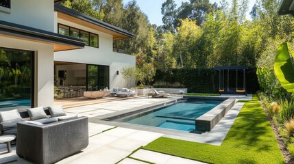Fototapeta premium Modern house with a swimming pool and a patio with a couch and a coffee table.