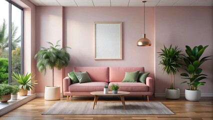 Modern living room with pink sofa, mockup wall tones in pastel pink
