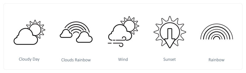 A set of 5 weather icons such as cloudy day, cloud rainbow