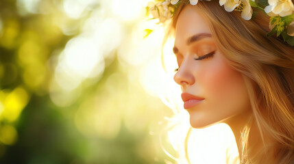 Fototapeta premium Profile view of a serene woman with a floral crown, her skin glowing under the gentle sunlight, symbolizing the harmony between nature and beauty