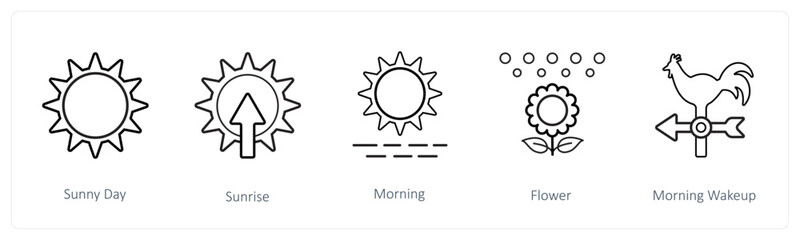 A set of 5 weather icons such as sunny day, sunrise