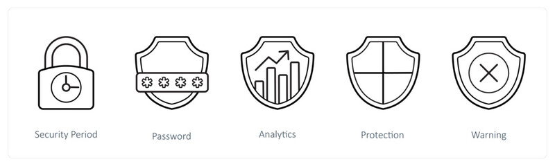 A set of 5 security icons such as security period, password