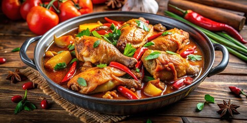 Braised spicy chicken dish with vegetables in a savory sauce , braised, spicy, chicken, dish, vegetables, savory, sauce