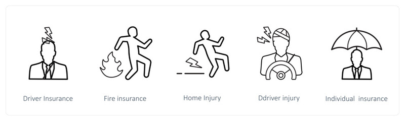 A set of 5 insurance icons such as driver insurance, fire insurance