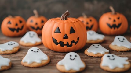 Halloween Treats Table with Pumpkin Centerpiece and Ghost Cookies | Festive Holiday Desserts Display with Copy Space | Ultra HD Selective Focus