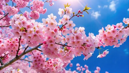 Obraz premium Beautiful cherry blossoms in full bloom against a clear blue sky, spring, flowers, nature, pink, petals, sakura, blooming